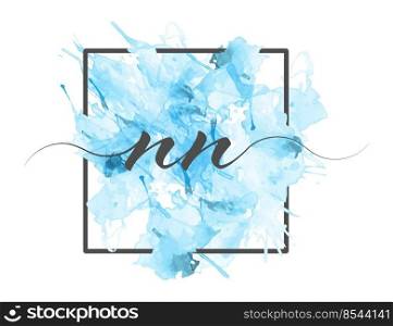 Calligraphic lowercase letters N and N are written in a solid line on a colored background in a frame
