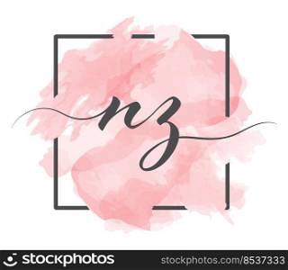 Calligraphic lowercase letters N and Z are written in a solid line on a colored background in a frame