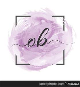Calligraphic lowercase letters O and B are written in a solid line on a colored background in a frame