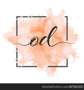 Calligraphic lowercase letters O and D are written in a solid line on a colored background in a frame