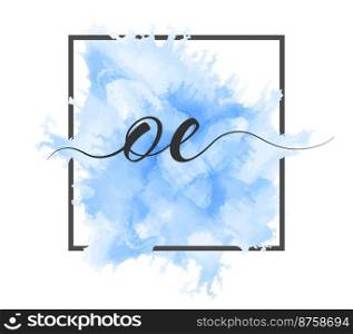 Calligraphic lowercase letters O and E are written in a solid line on a colored background in a frame