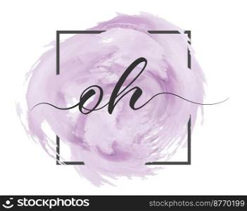 Calligraphic lowercase letters O and H are written in a solid line on a colored background in a frame