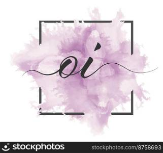 Calligraphic lowercase letters O and I are written in a solid line on a colored background in a frame