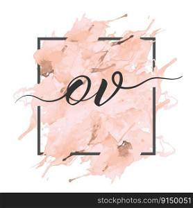 Calligraphic lowercase letters O and V are written in a solid line on a colored background in a frame
