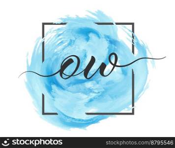 Calligraphic lowercase letters O and W are written in a solid line on a colored background in a frame