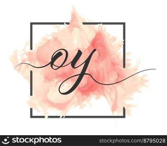 Calligraphic lowercase letters O and Y are written in a solid line on a colored background in a frame