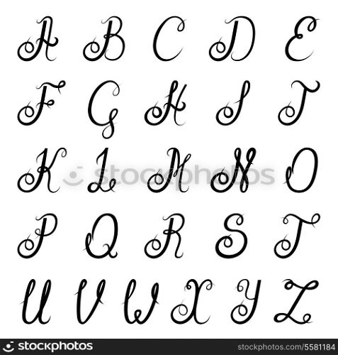 Calligraphic vintage script font alphabet with isolated letters vector illustration