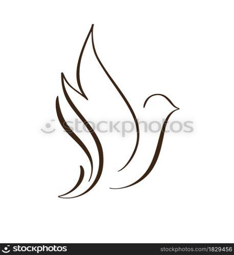 Calligraphy brush line drawing dove bird. Flying pigeon logo. Black and white vector illustration. Concept for icon card, banner poster, flyer.. Calligraphy brush line drawing dove bird. Flying pigeon logo. Black and white vector illustration. Concept for icon card, banner poster, flyer