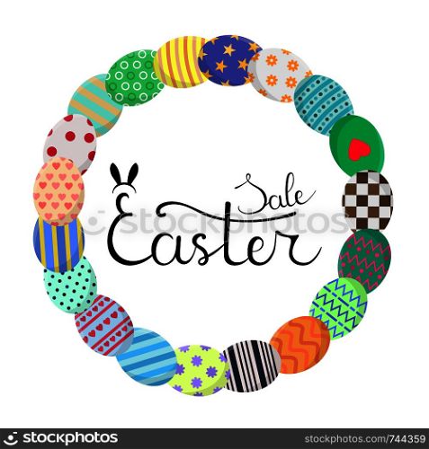Calligraphy Lettering Easter Sale Inscription. Circle Frame with Colorful Eggs in Wreath Form. Discount, Flyer, Brochure. Vector illustration for Your Design, Web, Print.