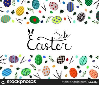 Calligraphy Lettering Easter Sale Inscription. Easter Template with Easter Eggs, Willow Branches, Monstera Leaves. For Discount, Flyer, Brochure. Vector illustration for Your Design, Web.