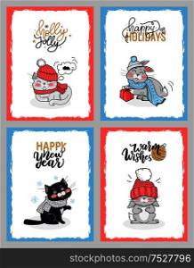 Calligraphy lettering greeting and vector bunny in knitted hat with scarf. The cutest rabbit with the hat slipped on its eyes sending us Warm Whishes.. Christmas Cartoon Animals Cute Cat, Lovely Bunny