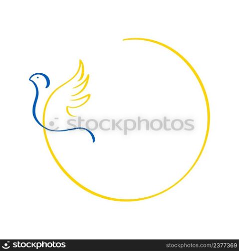 Calligraphy linear dove and frame for text in colors of Ukrainian flag. Stop the war in Ukraine. A symbol of peace. Vector illustration isolated on white background.. Calligraphy linear dove and frame for text in colors of Ukrainian flag. Stop the war in Ukraine. A symbol of peace. Vector illustration isolated on white background