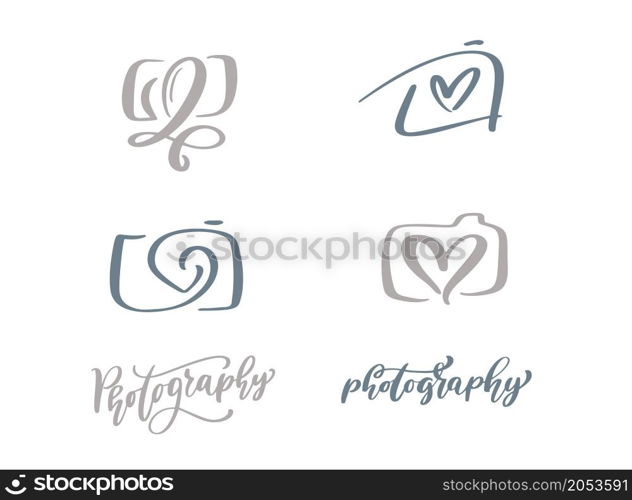 Calligraphy set of camera photography logo icon vector template calligraphic inscription photography text Isolated on white background.. Calligraphy set of camera photography logo icon vector template calligraphic inscription photography text Isolated on white background