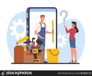 Calling repairman, foreman or husband for hour. Man with tools on smartphone screen. Mechanic or contractor character, hammer and saw in box. Cartoon flat style isolated illustration. Vector concept. Calling repairman, foreman or husband for hour. Man with tools on smartphone screen. Mechanic or contractor character, hammer and saw in box. Cartoon flat style isolated vector concept