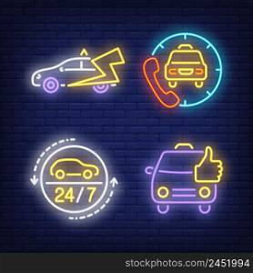 Calling taxi cab neon signs set. Transportation, vehicle, tourism design. Night bright neon sign, colorful billboard, light banner. Vector illustration in neon style.