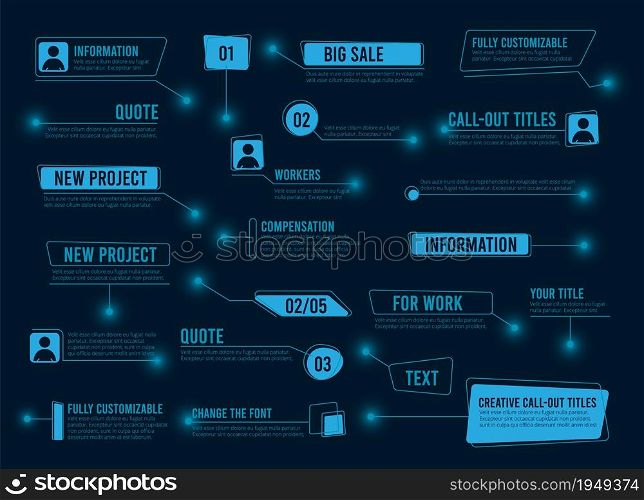 Callout boxes. Abstract text digital frames. Futuristic technology hud ui ux elements vector collection. Illustration digital data frame, hologram futuristic interface. Callout boxes. Abstract text digital frames. Futuristic technology hud ui ux elements vector collection
