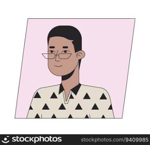 Calm african american boy in glasses flat color cartoon avatar icon. Editable 2D user portrait linear illustration. Isolated vector face profile clipart. Userpic, person head and shoulders. Calm african american boy in glasses flat color cartoon avatar icon