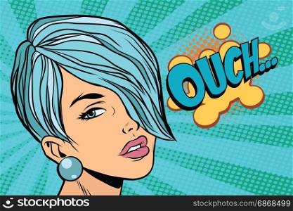 Calm beautiful woman with short hair, skeptical reaction ouch. Pop art retro vector illustration. Calm beautiful woman with short hair, skeptical reaction ouch