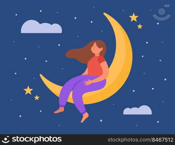 Calm cartoon girl dreaming while sitting on moon. Female person relaxing and sleeping, night sky background flat vector illustration. Deep sleep, sweet dreams concept for banner or landing web page