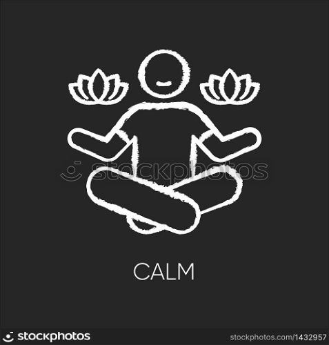 Calm chalk white icon on black background. Man sit in lotus pose. Meditation for mental health. Concentrate on psychological wellbeing. Yoga for relaxation. Isolated vector chalkboard illustration. Calm chalk white icon on black background