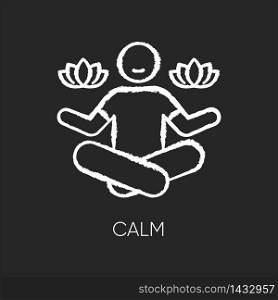 Calm chalk white icon on black background. Man sit in lotus pose. Meditation for mental health. Concentrate on psychological wellbeing. Yoga for relaxation. Isolated vector chalkboard illustration. Calm chalk white icon on black background