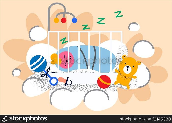 Calm cute little newborn baby sleeping peacefully in cradle. Small child kid infant relax lying in nursing crib or children bed. Childbirth and maternity. Childcare concept. Flat vector illustration. . Little baby infant sleeping in cradle