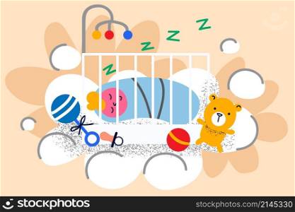 Calm cute little newborn baby sleeping peacefully in cradle. Small child kid infant relax lying in nursing crib or children bed. Childbirth and maternity. Childcare concept. Flat vector illustration. . Little baby infant sleeping in cradle