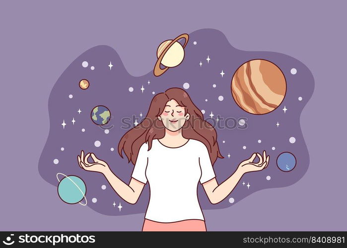 Calm happy girl meditate surrounded by planets. Young woman enjoy meditation dreaming or visualizing. Cosmos and universe. Astronomy concept. Flat vector illustration.. Happy girl meditate in imaginary universe