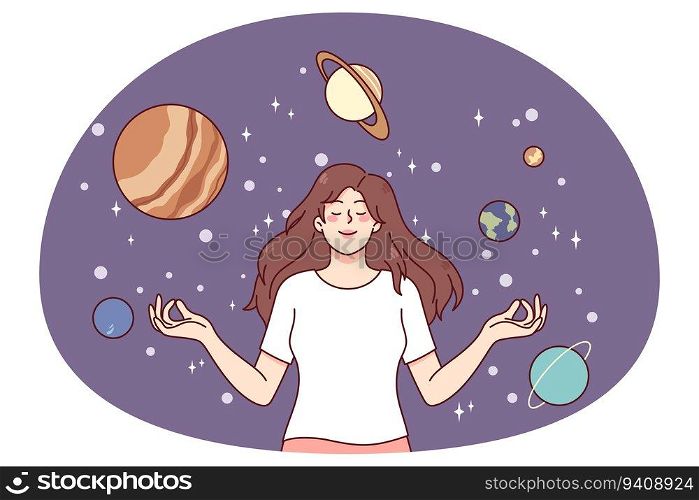 Calm happy girl meditate surrounded by planets. Young woman enjoy meditation dreaming or visualizing. Cosmos and universe. Astronomy concept. Flat vector illustration.. Happy girl meditate in imaginary universe
