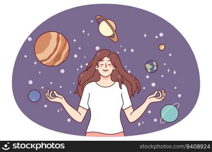 Calm happy girl meditate surrounded by planets. Young woman enjoy meditation dreaming or visualizing. Cosmos and universe. Astronomy concept. Flat vector illustration.. Happy girl meditate in imaginary universe