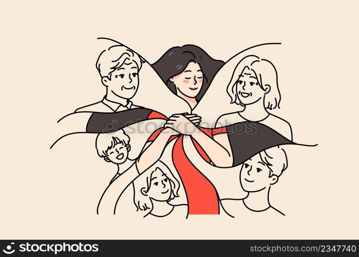 Calm happy young woman keep family in heart. Smiling grateful girl feel love and care to relatives. Emotional bond and attachment concept. Good relationship. Flat vector illustration. . Happy woman feel emotionally attached to close family 