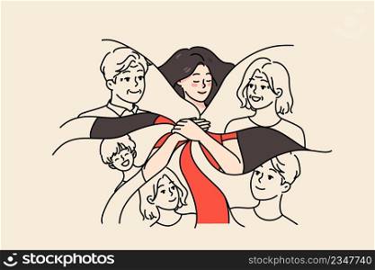 Calm happy young woman keep family in heart. Smiling grateful girl feel love and care to relatives. Emotional bond and attachment concept. Good relationship. Flat vector illustration. . Happy woman feel emotionally attached to close family 