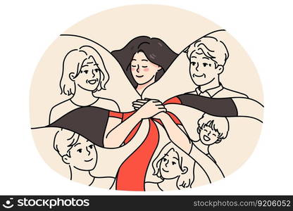 Calm happy young woman keep family in heart. Smiling grateful girl feel love and care to relatives. Emotional bond and attachment concept. Good relationship. Flat vector illustration.. Happy woman feel emotionally attached to close family