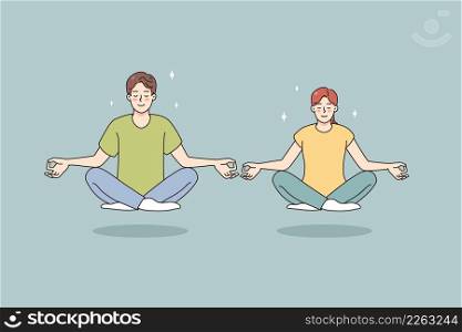 Calm man and woman with mudra hands meditate in lotus position clear thoughts. Happy couple practice yoga with eyes closed relieve negative emotions breathe fresh air. Vector illustration.. Calm man and woman meditate in lotus position