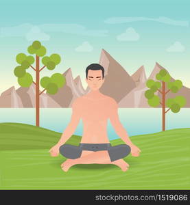 Calm man is doing yoga and meditation in the park on the green field on mountain background, relaxing and meditating alone with nature, healthy lifestyle vector illustration.