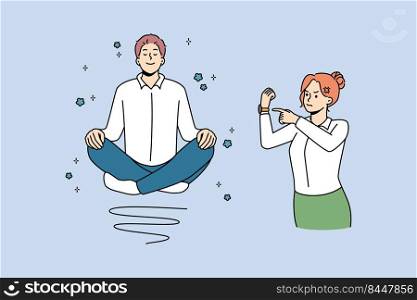 Calm man meditate at work, angry boss stressed about deadline. Relaxed and distressed employees at workplace. Time management. Vector illustration.. Calm man meditate at work