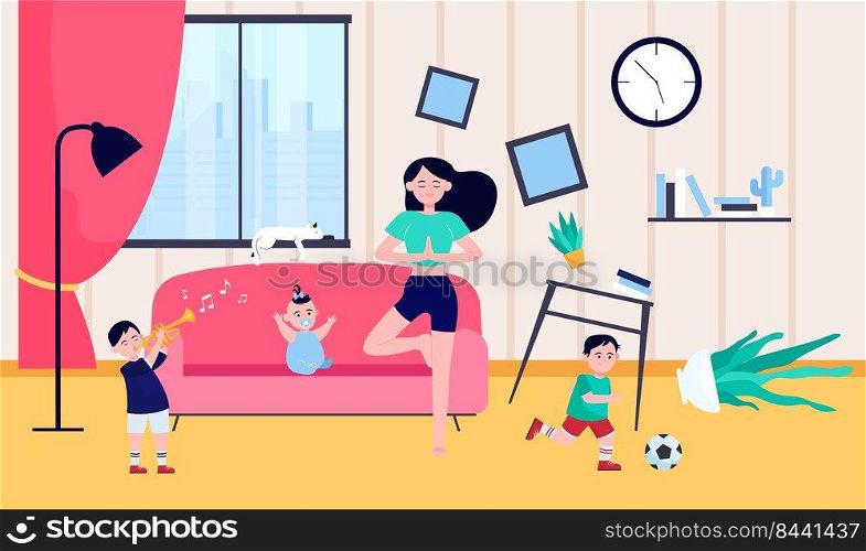 Calm mother doing yoga among naughty kids. Children making chaos while mom meditating at home. Vector illustration for motherhood, childhood, stress relief concept