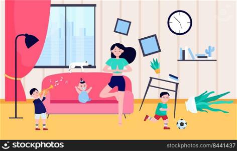 Calm mother doing yoga among naughty kids. Children making chaos while mom meditating at home. Vector illustration for motherhood, childhood, stress relief concept
