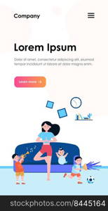 Calm mother doing yoga among naughty kids. Children making chaos while mom meditating at home. Vector illustration for motherhood, childhood, stress relief concept