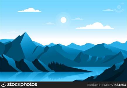 Calm Mountain Forest Wild Nature Scene Landscape Monochrome Illustration