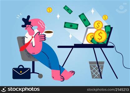 Calm successful businessman relax in chair get dividend online from investment. Happy man entrepreneur receive passive income from trading on stock exchange on computer. Vector illustration. . Successful businessman get dividend or passive income