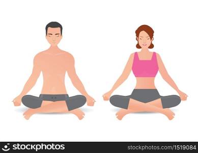 Calm woman and man are doing yoga and meditation isolated on white background, relaxing and meditating alone with nature, healthy lifestyle vector illustration.