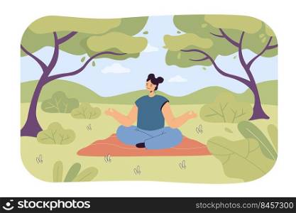 Calm woman forest bathing. Female cartoon character doing yoga in nature, trees and bushes flat vector illustration. Fitness, health, lifestyle concept for banner, website design or landing web page