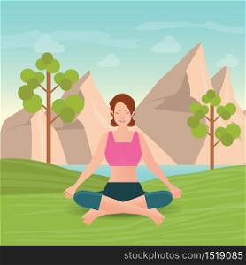 Calm woman is doing yoga and meditation in the park on the green field on mountain background, relaxing and meditating alone with nature, healthy lifestyle vector illustration.