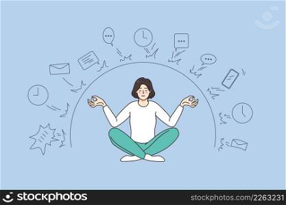 Calm woman sit in lotus position meditate distract from work deals and job troubles. Relaxed female practice yoga have digital detox. Meditation concept. Stress free. Vector illustration.. Calm woman have digital detox from work deals