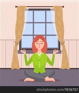 Calm woman sitting on floor vector, yoga and meditation leisure and relaxation of people. Home activities, person in room with yellow and brown interior. Woman Meditating at Home, Yoga of Lady in Room