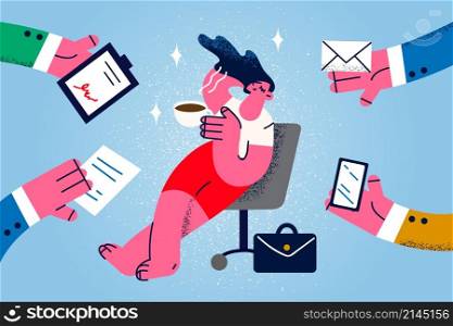 Calm young businesswoman relax in chair take break from work tasks. Relaxed female boss or director rest with coffee have pause from job. Stress free and relaxation. Vector illustration. . Calm businesswoman relax in chair take break