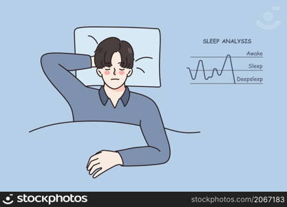 Calm young man asleep in bed have sleep analysis diagram near. Relaxed guy rest nap dream at home in bedroom, analyze deepsleep and awake. Diagnostic app or tracker. Vector illustration. . Calm man asleep relax in bed have sleep analysis