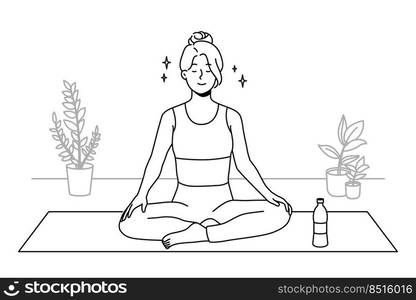 Calm young woman in sportswear sitting on mat practicing yoga at home. Smiling relaxed girl meditating indoors. Meditation and stress relief. Vector illustration. . Calm woman practicing yoga at home 