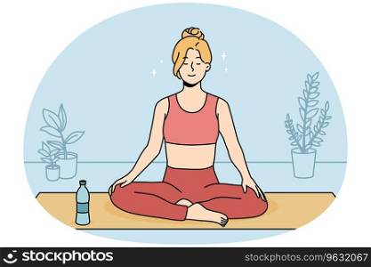 Calm young woman in sportswear sitting on mat practicing yoga at home. Smiling relaxed girl meditating indoors. Meditation and stress relief. Vector illustration.. Calm woman practicing yoga at home